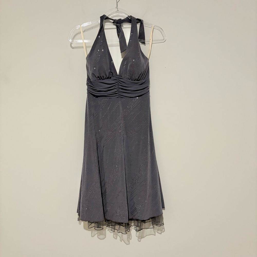 Ruby Rox Elegant ruched tulle rhinestone‎ Halter Dress Silver Gray size small